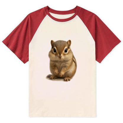 Baby Chipmunk - striped back, cheek pouches, tiny paws, bright eyes, - Contrast Raglan T-shirt - Red