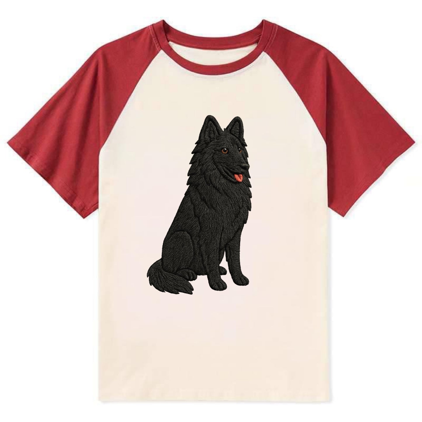 Belgian Sheepdog - Black long-haired embroidered pose - Contrast Raglan T-shirt - Red