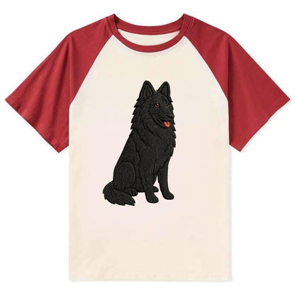 Belgian Sheepdog - Black long-haired embroidered pose - Contrast Raglan T-shirt - Red