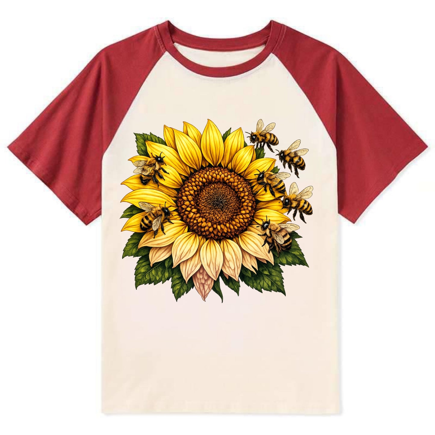 Vintage Sunflower - Contrast Raglan T-shirt - Red
