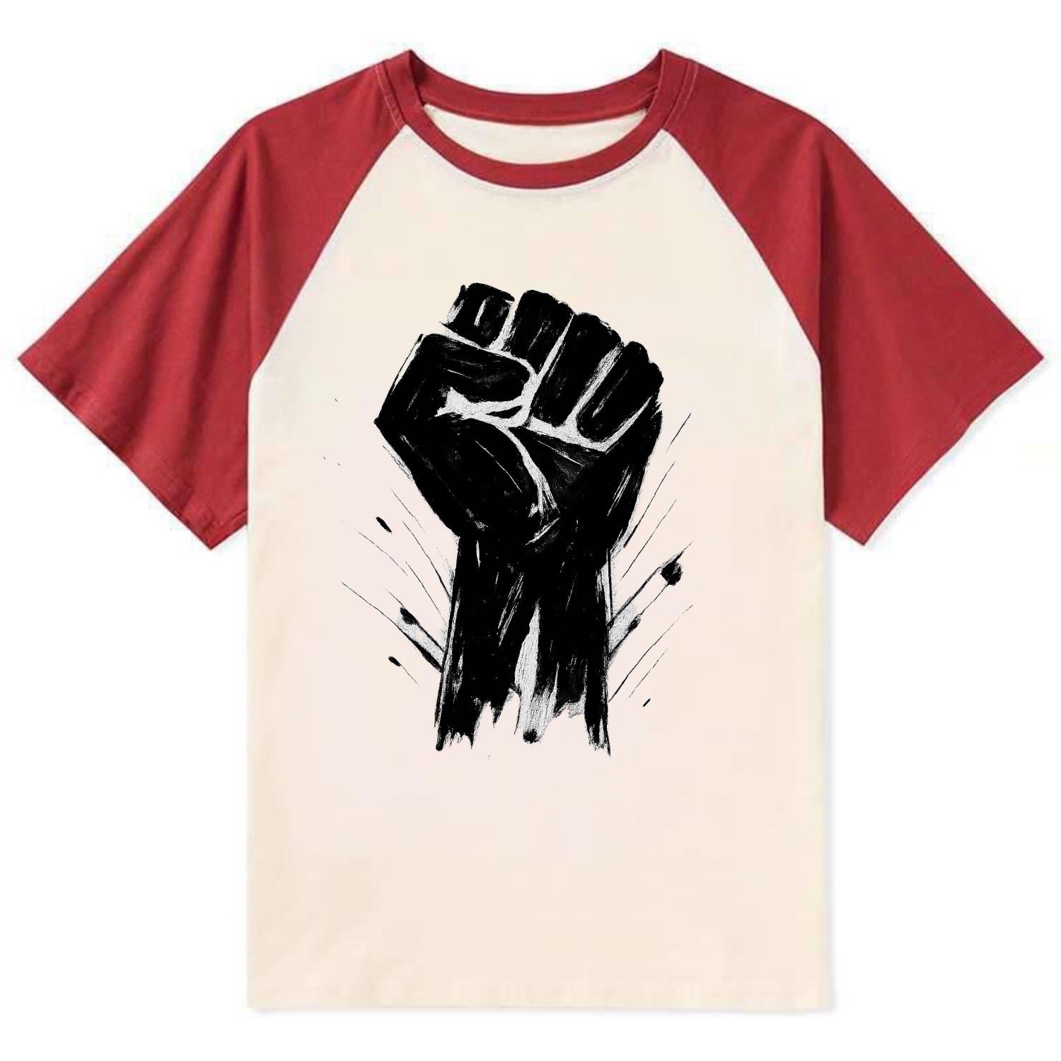 Raised fist in bold black ink brushstrokes - symbol of solidarity and - Contrast Raglan T-shirt - Red