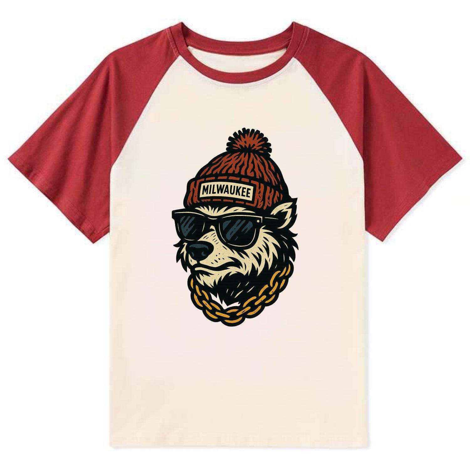 Milwaukee Badger wearing Milwaukee beanie with pom pom and wayfarer - Contrast Raglan T-shirt - Red
