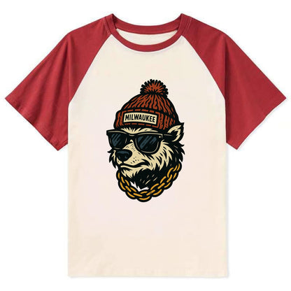 Milwaukee Badger wearing Milwaukee beanie with pom pom and wayfarer - Contrast Raglan T-shirt - Red