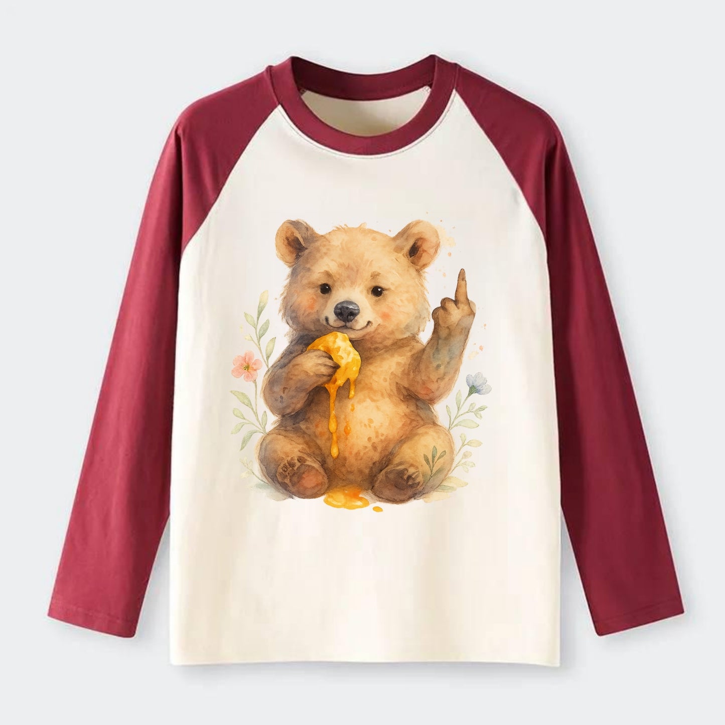chubby bear cub eating dripping honey, sticky paw up with middle finger - Raglan Long Sleeve T-Shirt - Red