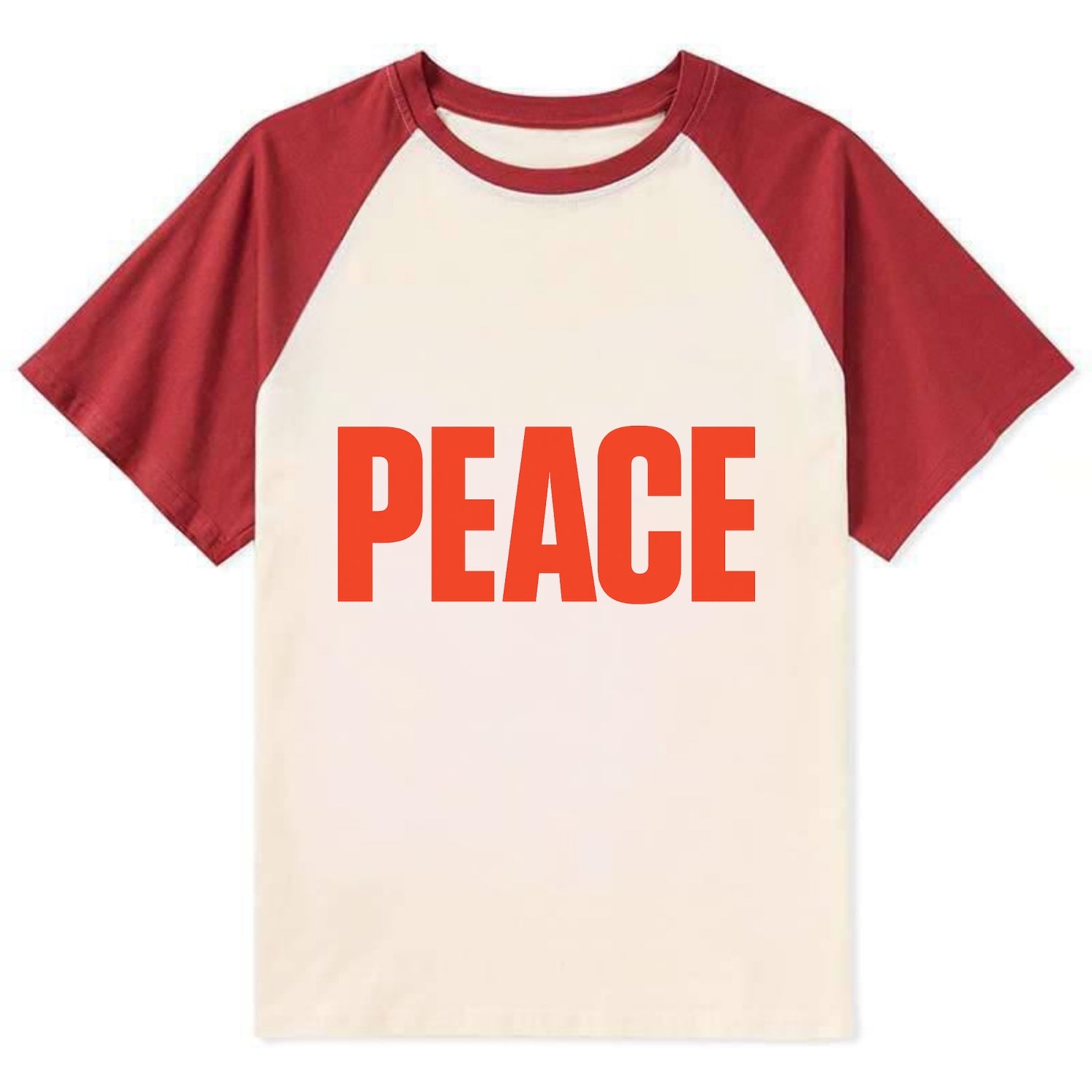 Bold typography design - "PEACE" - inner calm, tranquility, serenity - Contrast Raglan T-shirt - Red