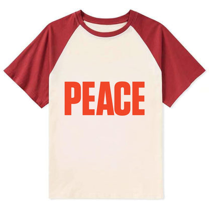 Bold typography design - "PEACE" - inner calm, tranquility, serenity - Contrast Raglan T-shirt - Red