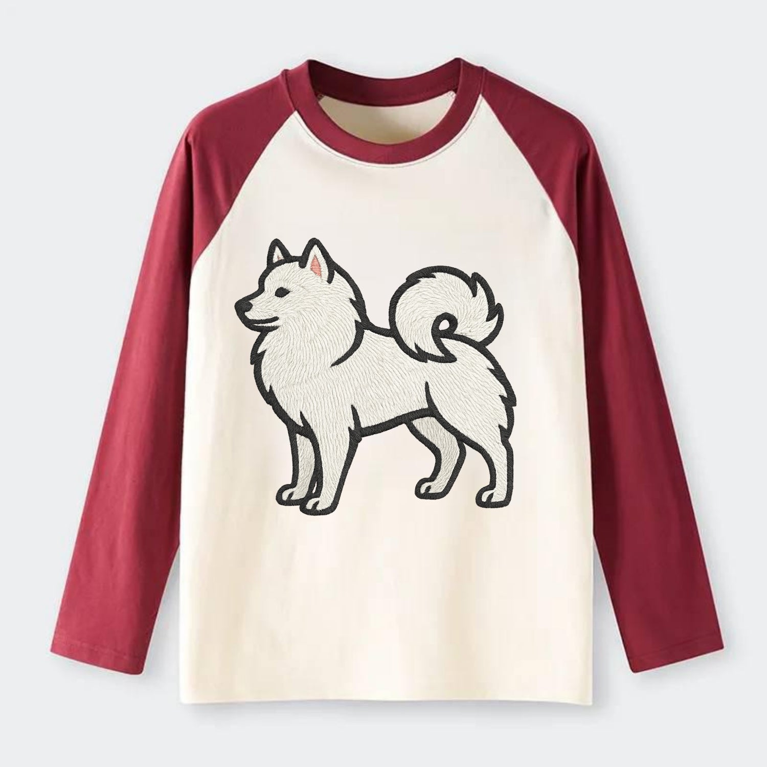 American Eskimo Dog - White spitz embroidered standing design - Raglan Long Sleeve T-Shirt - Red