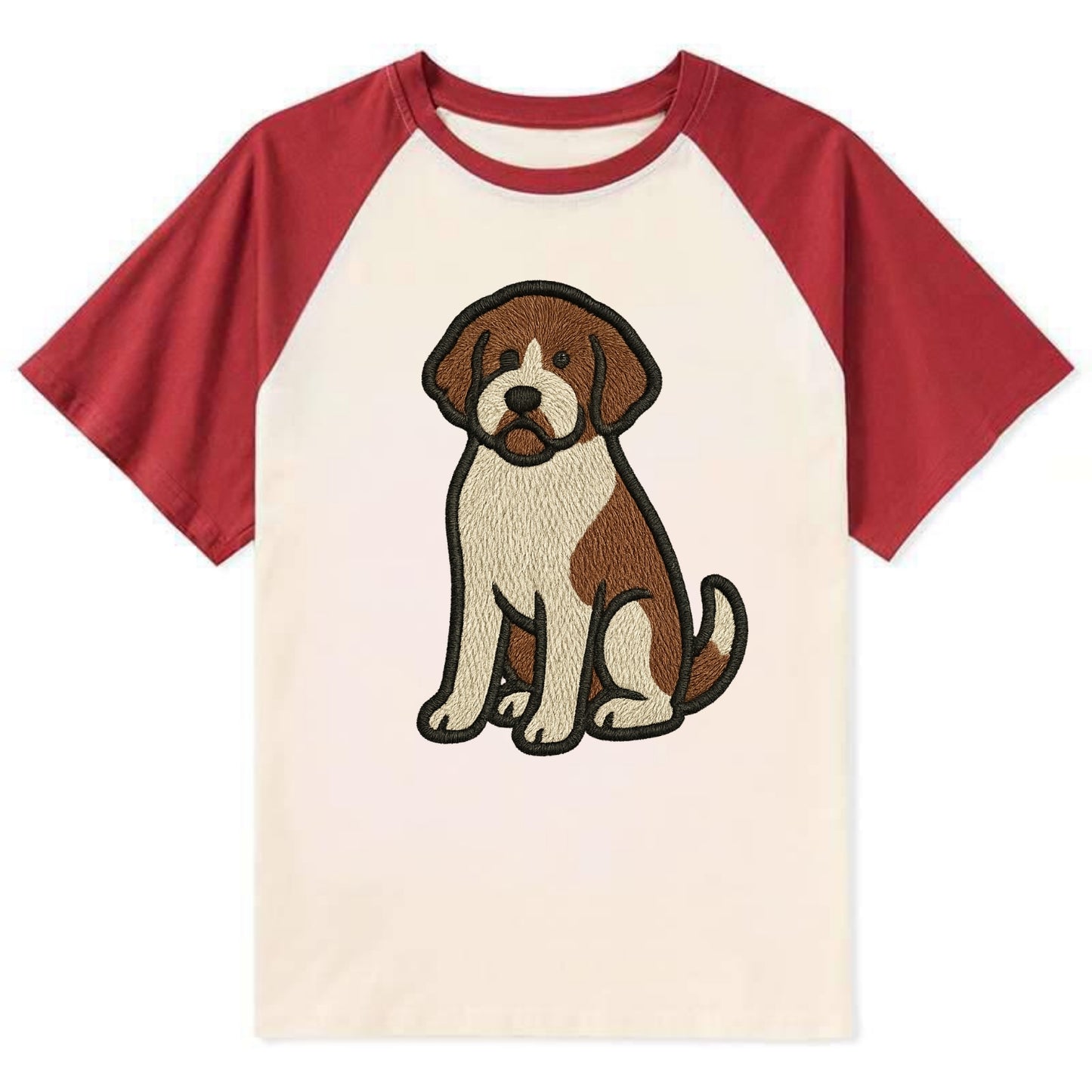Saint Berdoodle - Brown and white curly Contrast Raglan T-shirt - Red
