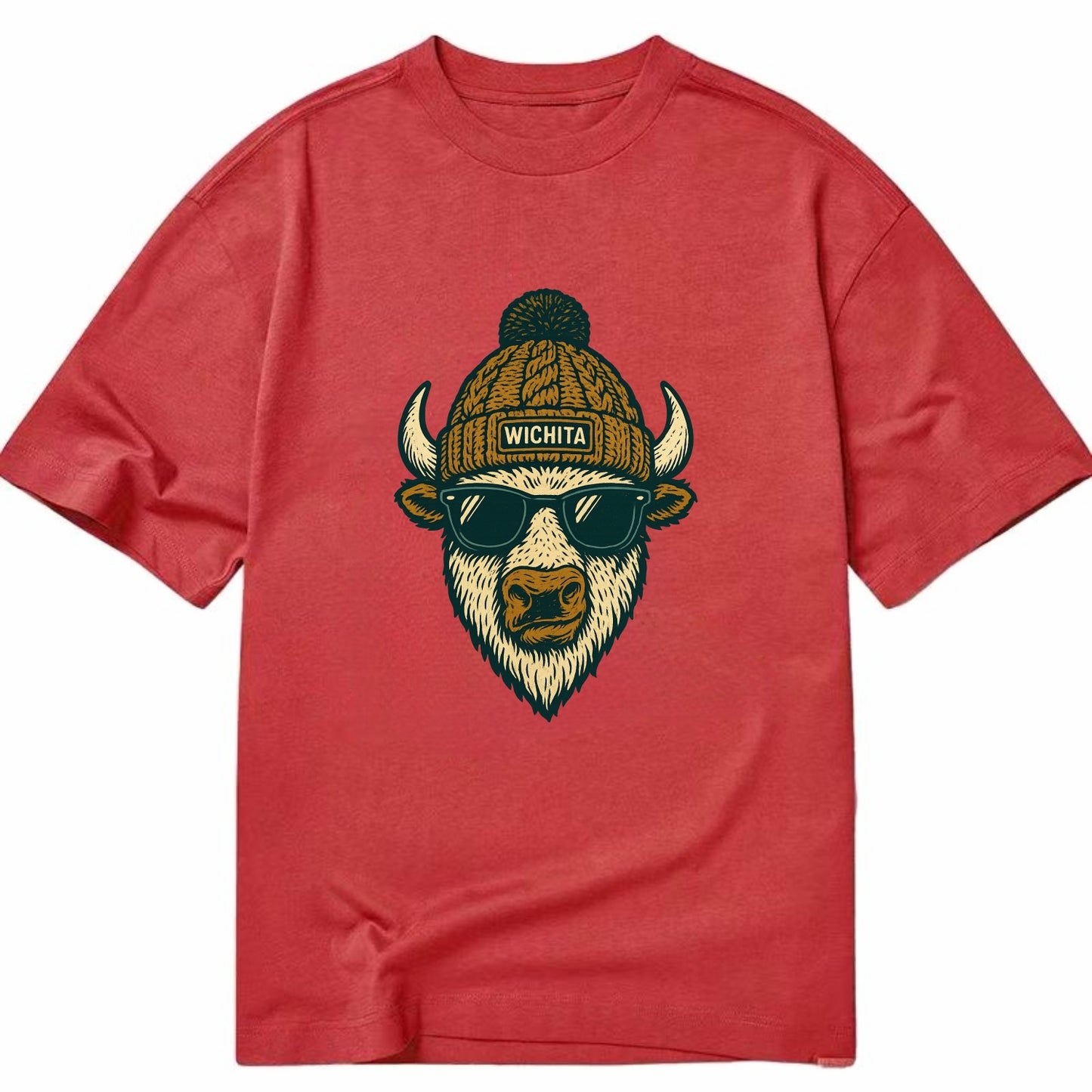 Kansas American Bison wearing Wichita beanie with pom pom and wayfarer sunglasses - Classic T-shirt - Red