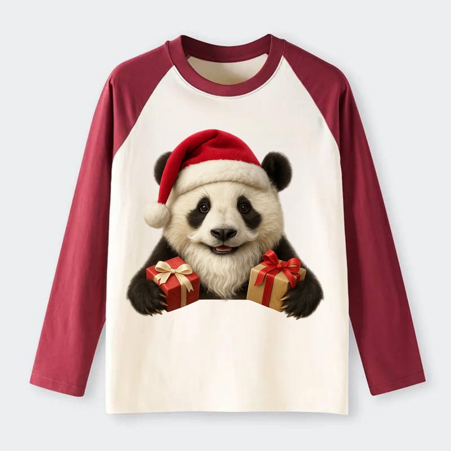Santa Panda  - Raglan Long Sleeve T-Shirt - Red