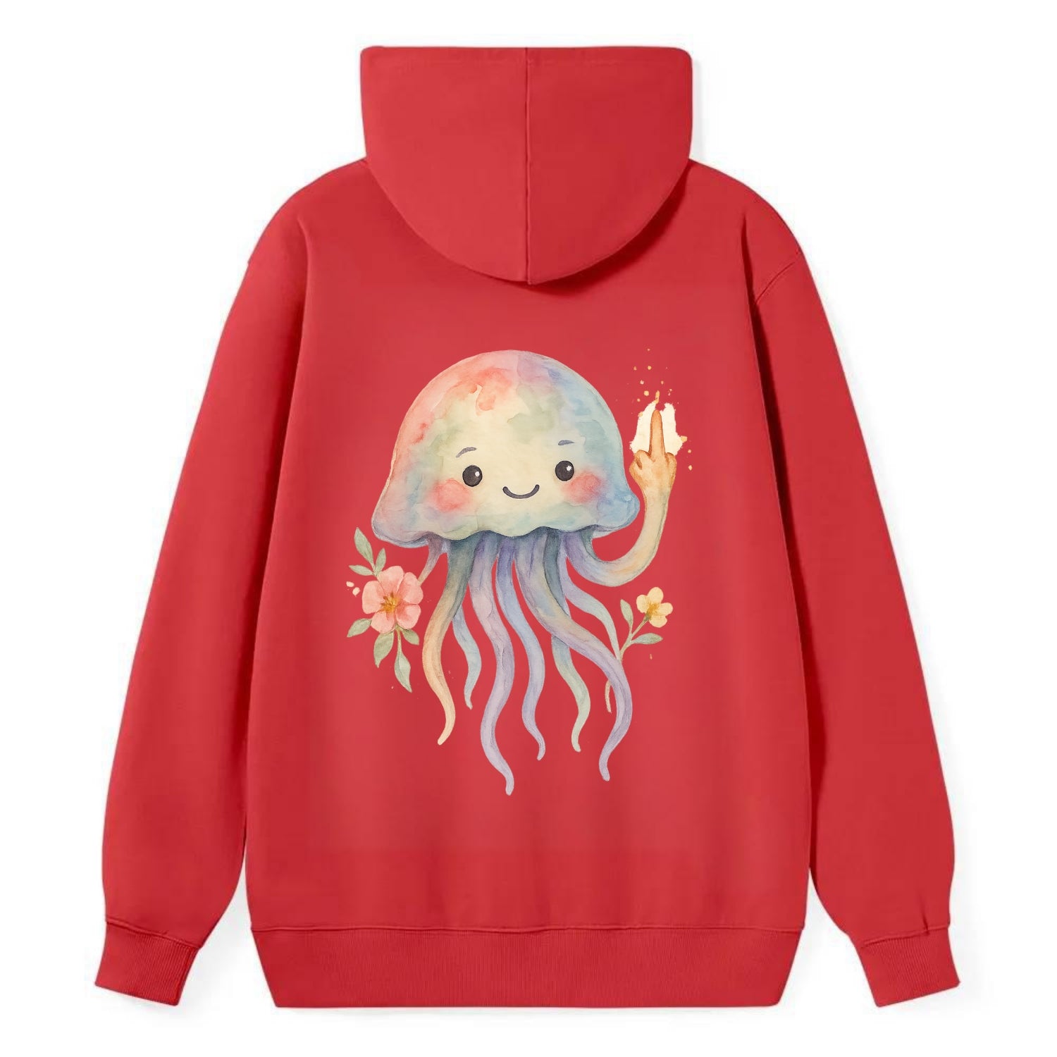 jellyfish with kawaii face and tentacles, one tentacle pointing up - Classic Pullover Hoodie - Red