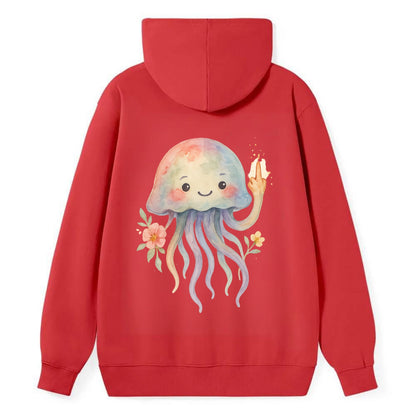 jellyfish with kawaii face and tentacles, one tentacle pointing up - Classic Pullover Hoodie - Red
