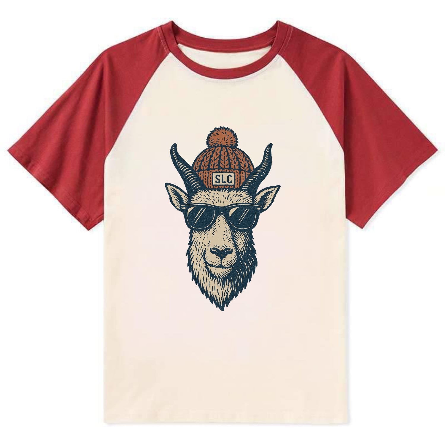 Salt Lake City Mountain Goat wearing SLC beanie with pom pom and wayfarer - Contrast Raglan T-shirt - Red