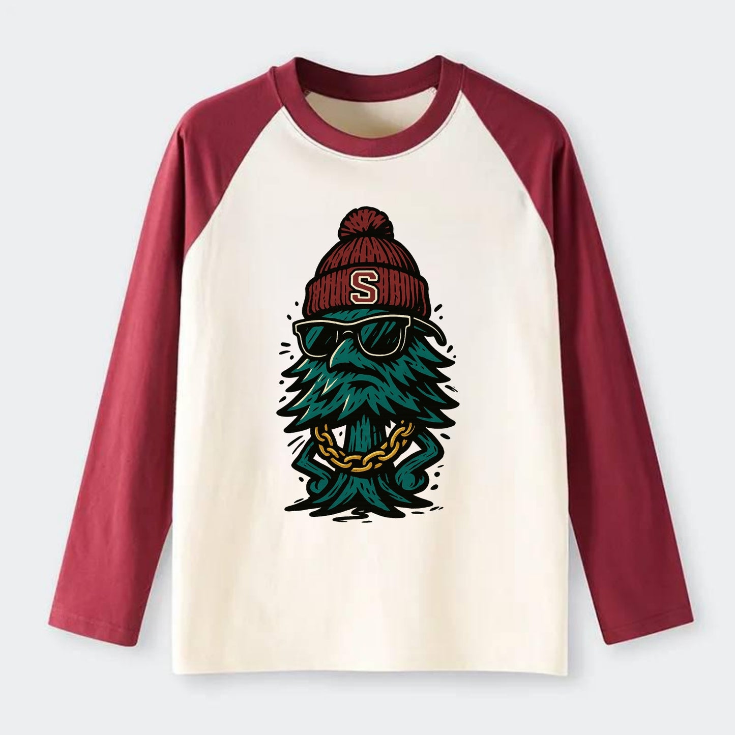 Palo Alto Tree wearing Stanford beanie with S patch - Raglan Long Sleeve T-Shirt - Red