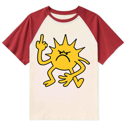 MORNINGS ARE PUNISHMENT | Grumpy sun with middle finger - Contrast Raglan T-shirt - Red