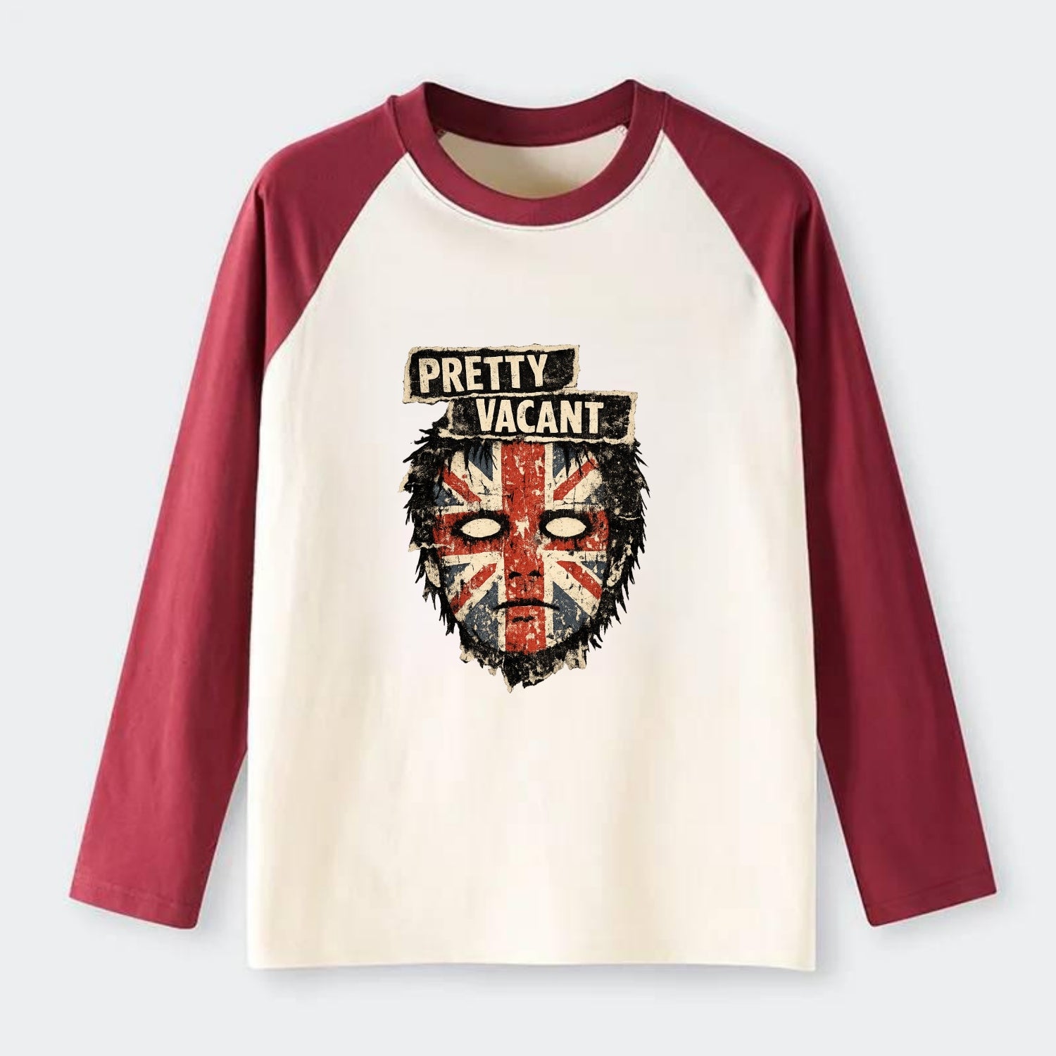 PRETTY VACANT | Blank stare Union Jack face | Empty expression | Punk - Raglan Long Sleeve T-Shirt - Red
