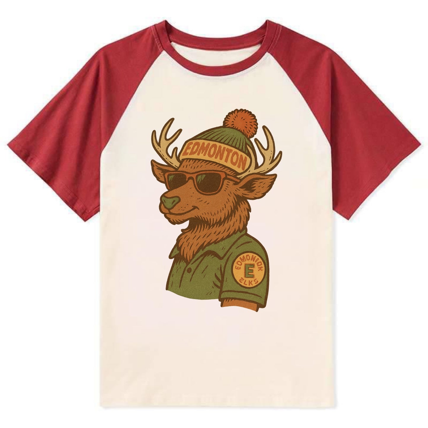 Edmonton Elk wearing Edmonton beanie wit - Contrast Raglan T-shirt - Red