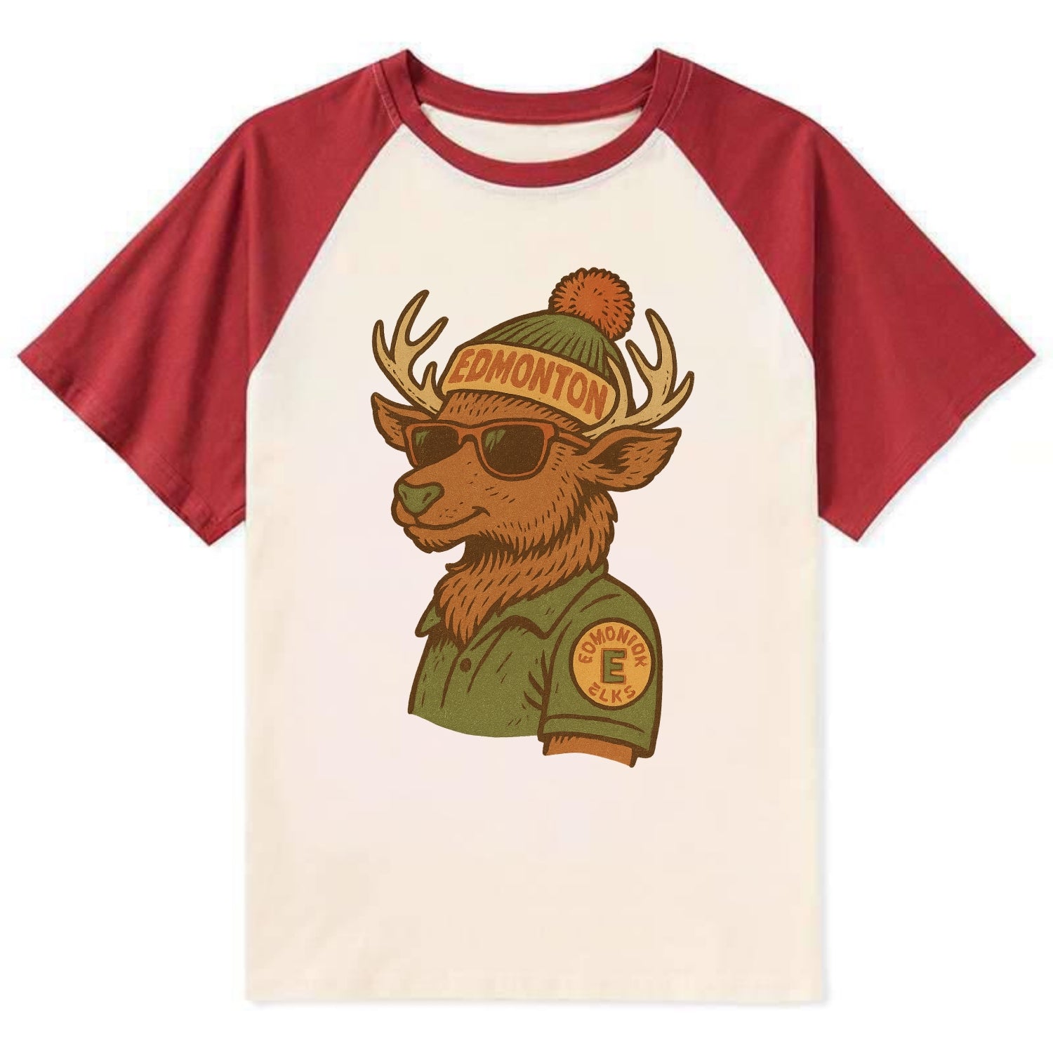Edmonton Elk wearing Edmonton beanie wit - Contrast Raglan T-shirt - Red
