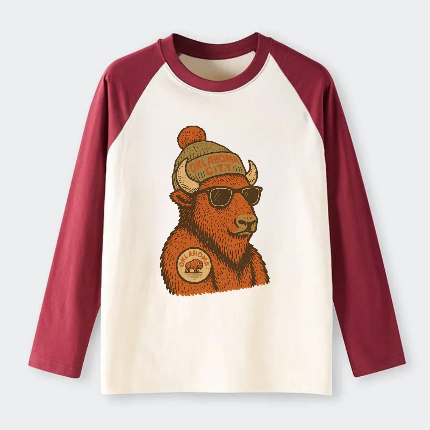 Oklahoma Buffalo wearing Oklahoma City beanie with pom pom and - Raglan Long Sleeve T-Shirt - Red