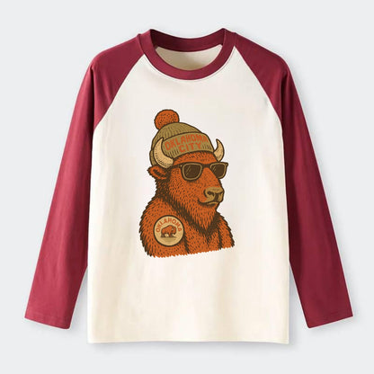 Oklahoma Buffalo wearing Oklahoma City beanie with pom pom and - Raglan Long Sleeve T-Shirt - Red