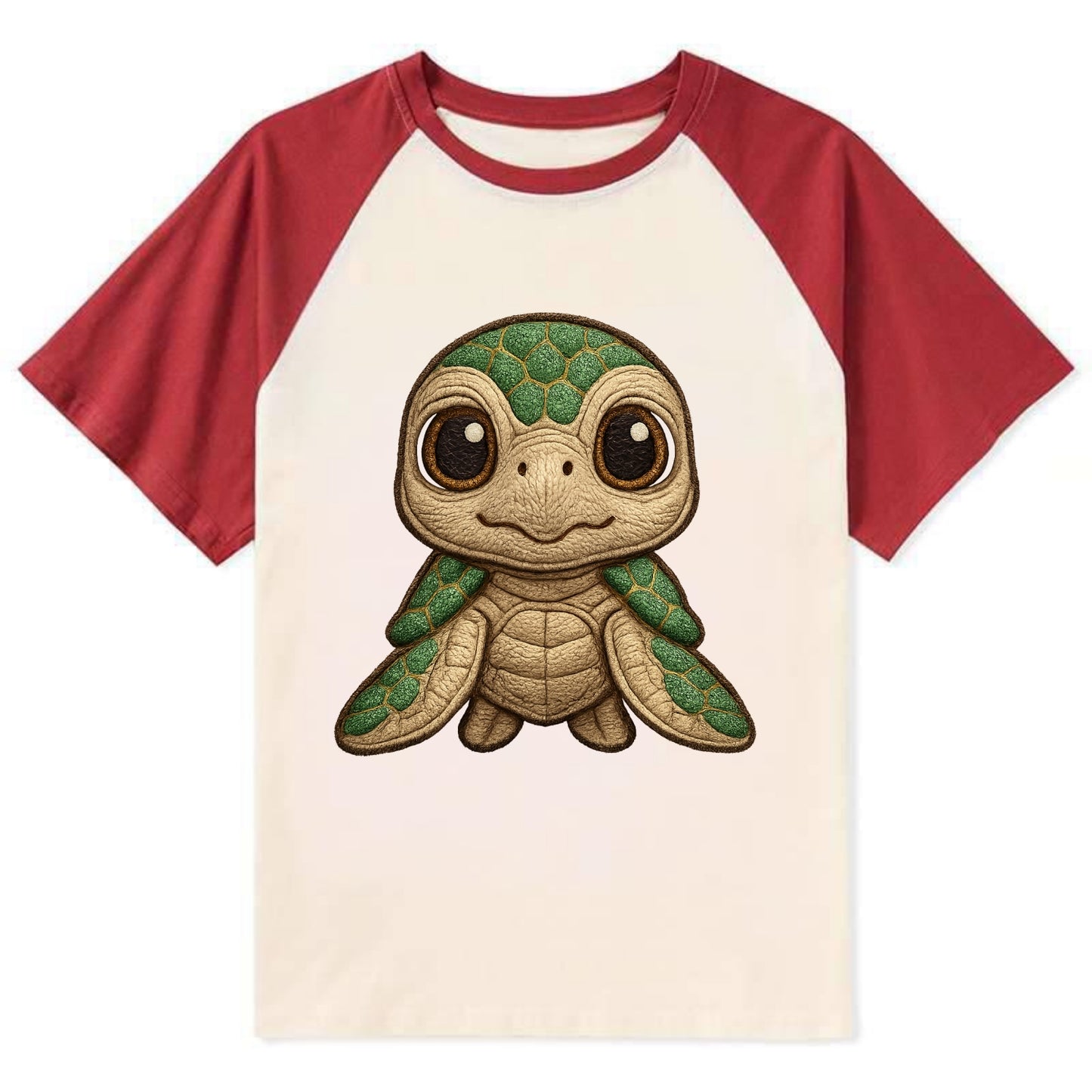 Baby Green Sea Turtle - emerald shell, large innocent brown eyes, tiny - Contrast Raglan T-shirt - Red