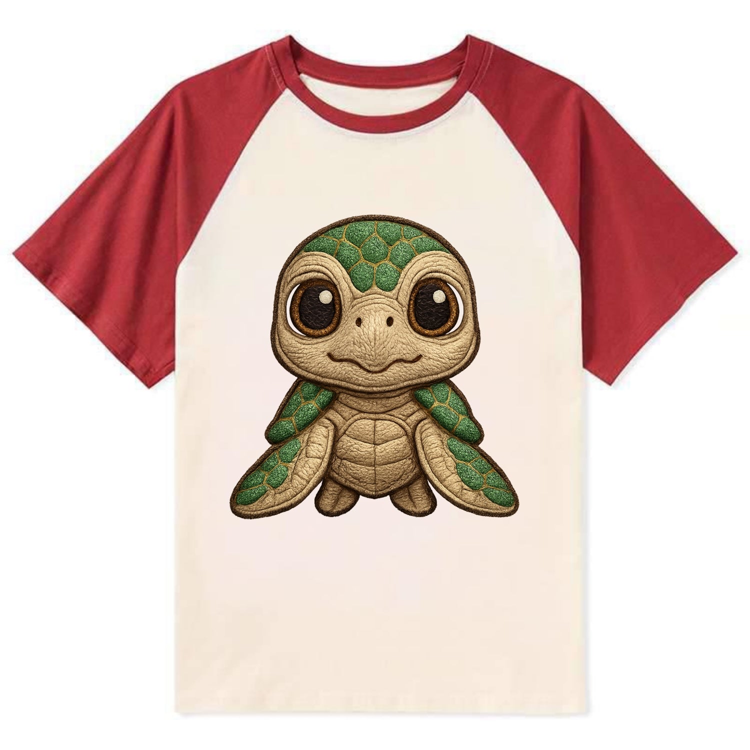 Baby Green Sea Turtle - emerald shell, large innocent brown eyes, tiny - Contrast Raglan T-shirt - Red