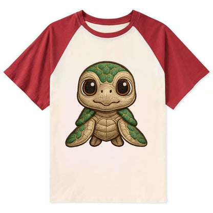 Baby Green Sea Turtle - emerald shell, large innocent brown eyes, tiny - Contrast Raglan T-shirt - Red