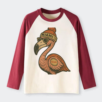 Miami Flamingo wearing Miami beanie with pom pom and wayfarer - Raglan Long Sleeve T-Shirt - Red