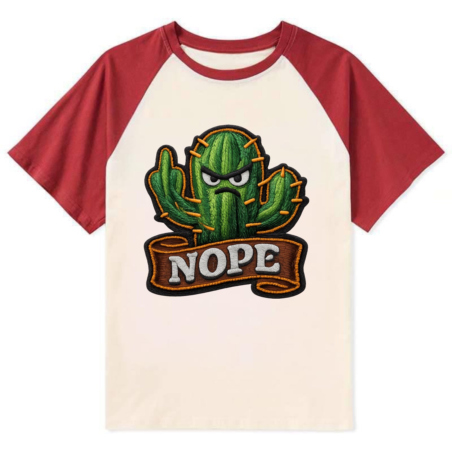 NOPE CACTUS - cactus with attitude in green , prickly personality - Contrast Raglan T-shirt - Red
