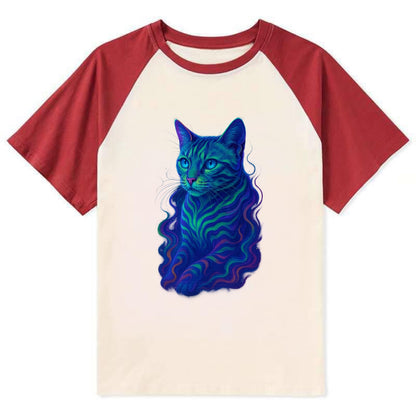 Exotic Bengal cat with aurora borealis colors flowing through its - Contrast Raglan T-shirt - Red