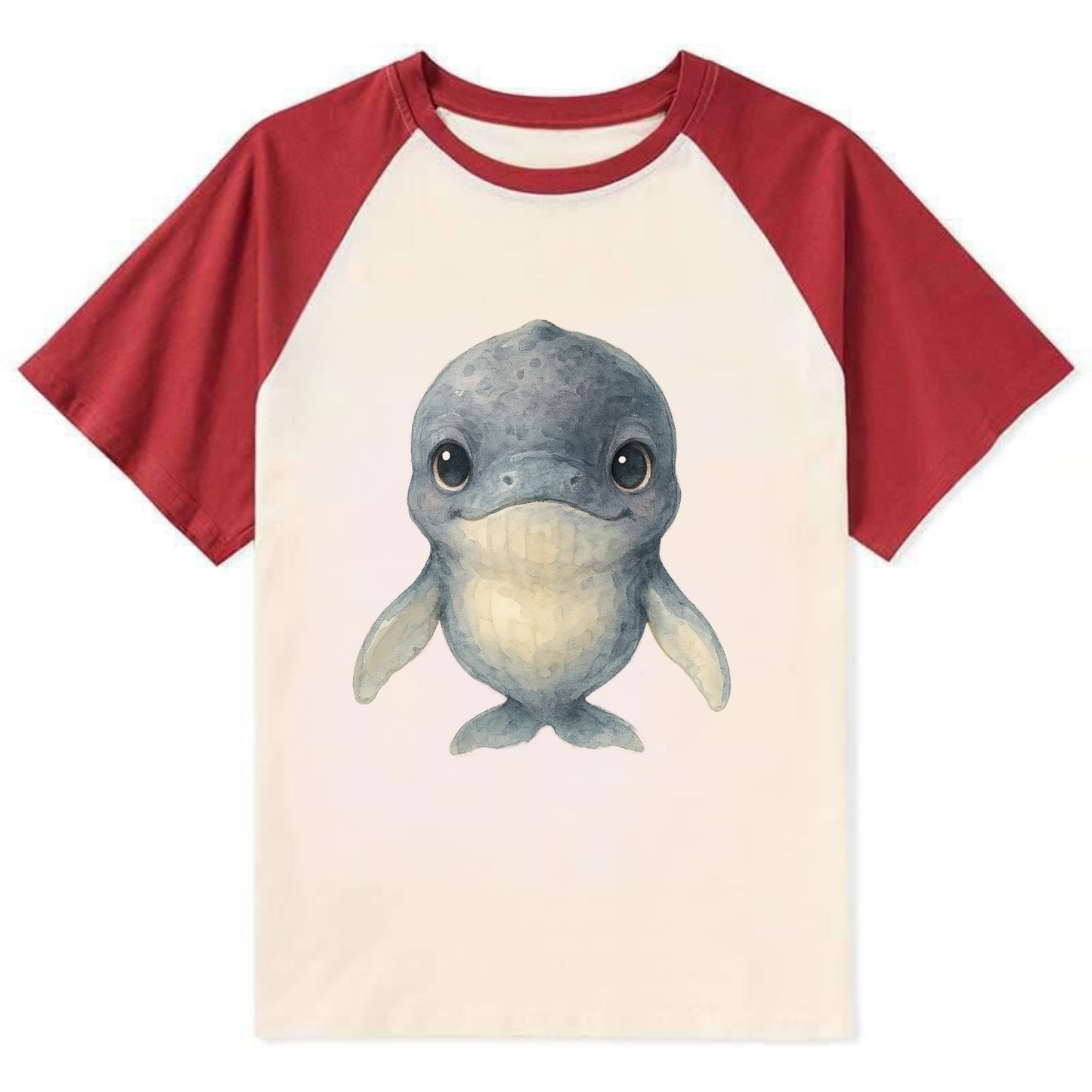 Baby Humpback Whale - dark gray with white flippers, large gentle eyes, - Contrast Raglan T-shirt - Red