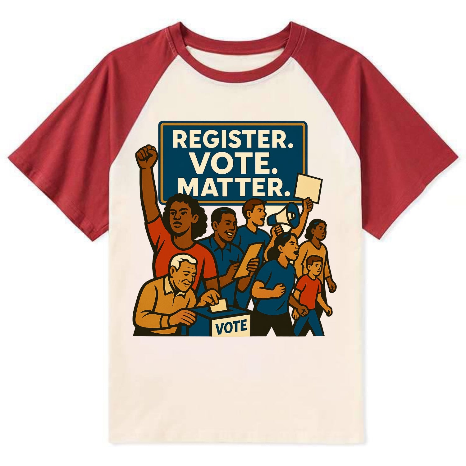 Voter registration drive bringing community together - "Register. Vote. - Contrast Raglan T-shirt - Red