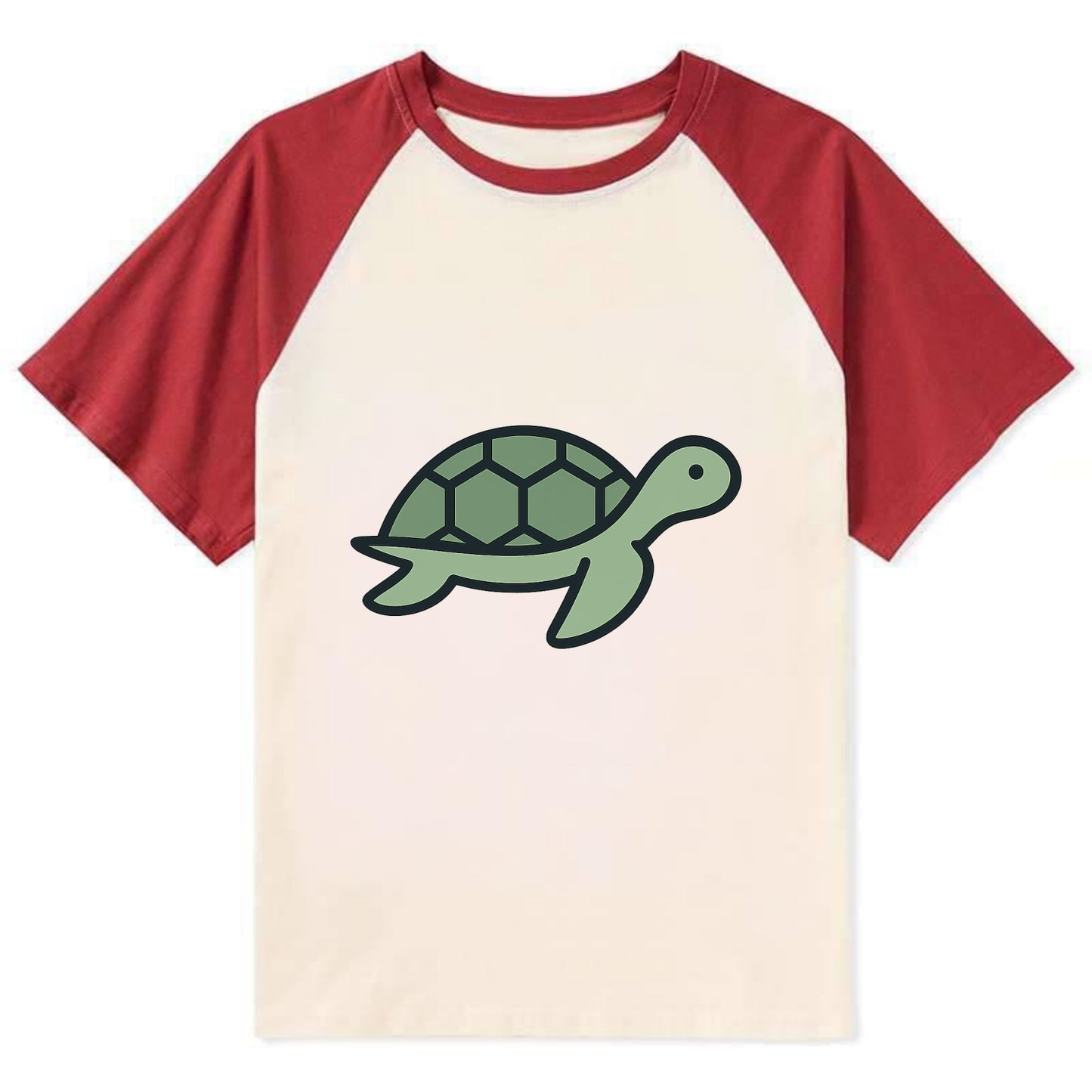 Sea Turtle - Green with shell pattern flat side profile - Contrast Raglan T-shirt - Red