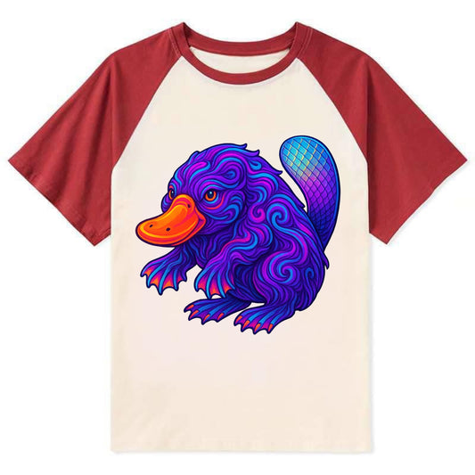 Quirky platypus with bill glowing in neon orange, beaver tail with - Contrast Raglan T-shirt - Red