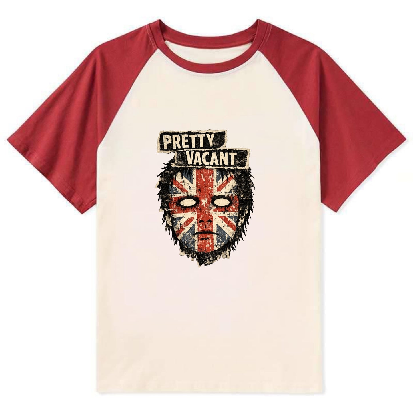 PRETTY VACANT | Blank stare Union Jack face | Empty expression | Punk - Contrast Raglan T-shirt - Red
