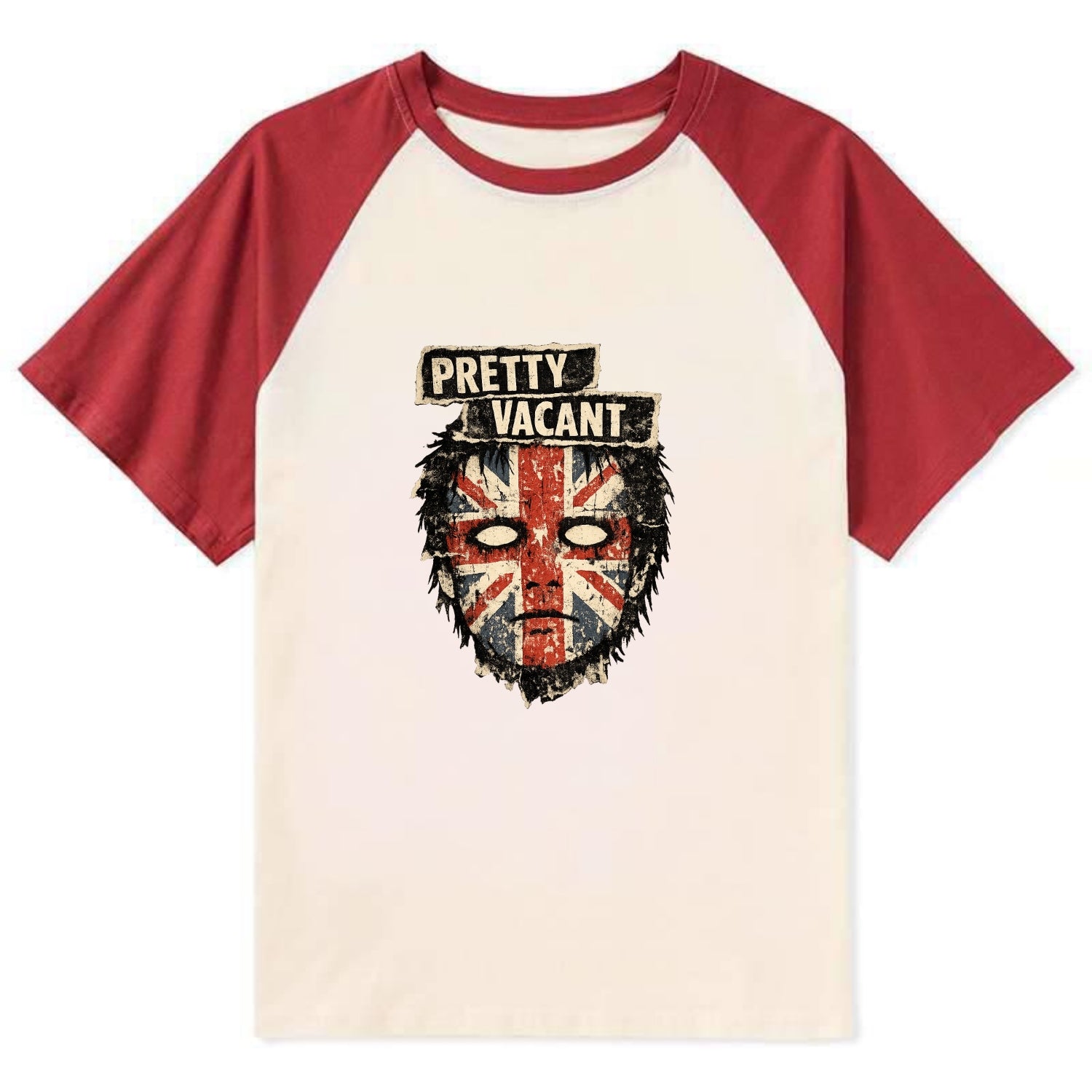 PRETTY VACANT | Blank stare Union Jack face | Empty expression | Punk - Contrast Raglan T-shirt - Red
