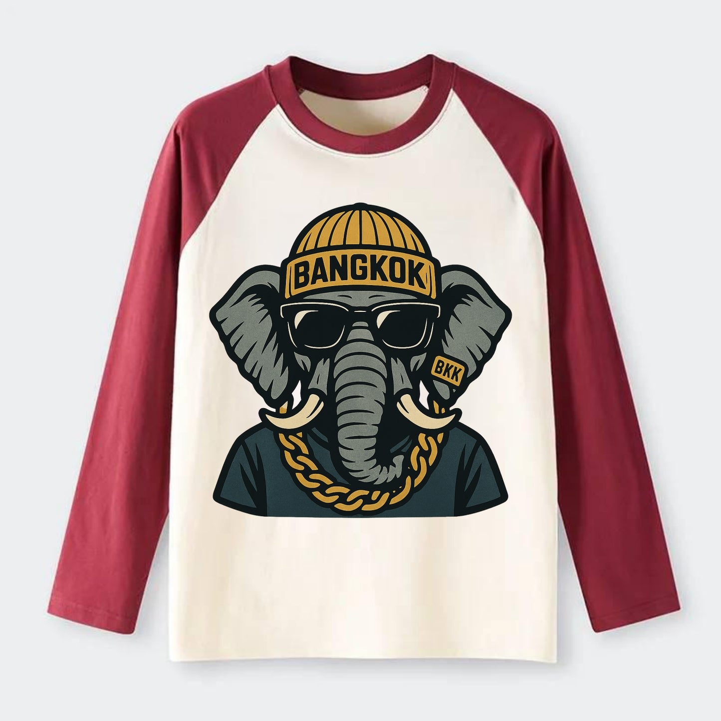 Bangkok Elephant - Raglan Long Sleeve T-Shirt - Red