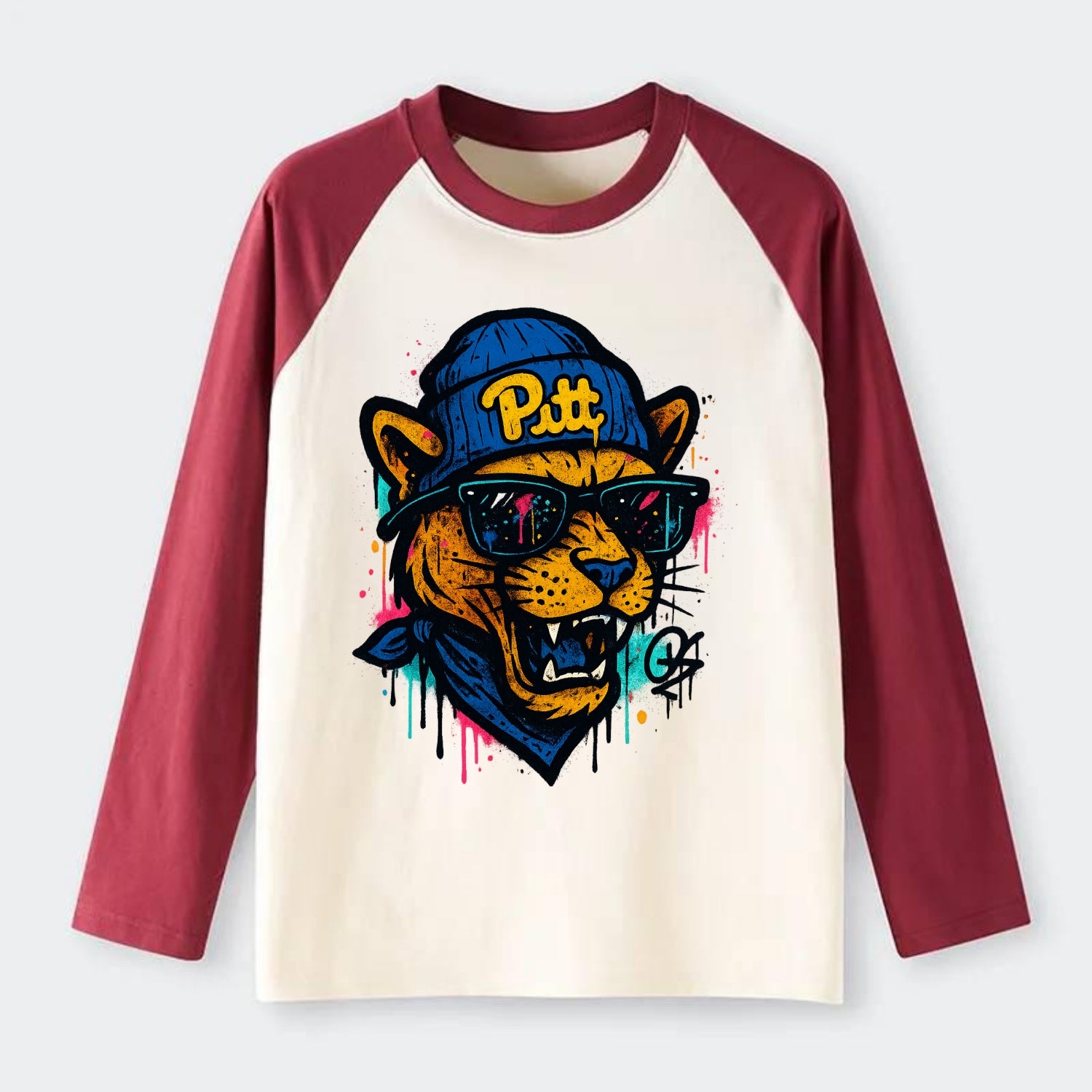 Pittsburgh Panther wearing Pitt beanie with script patch - Raglan Long Sleeve T-Shirt - Red