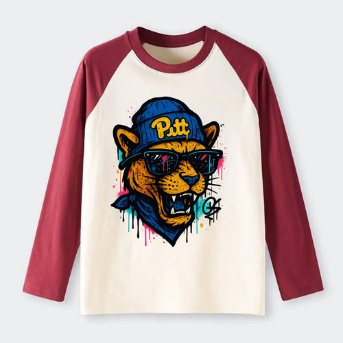 Pittsburgh Panther wearing Pitt beanie with script patch - Raglan Long Sleeve T-Shirt