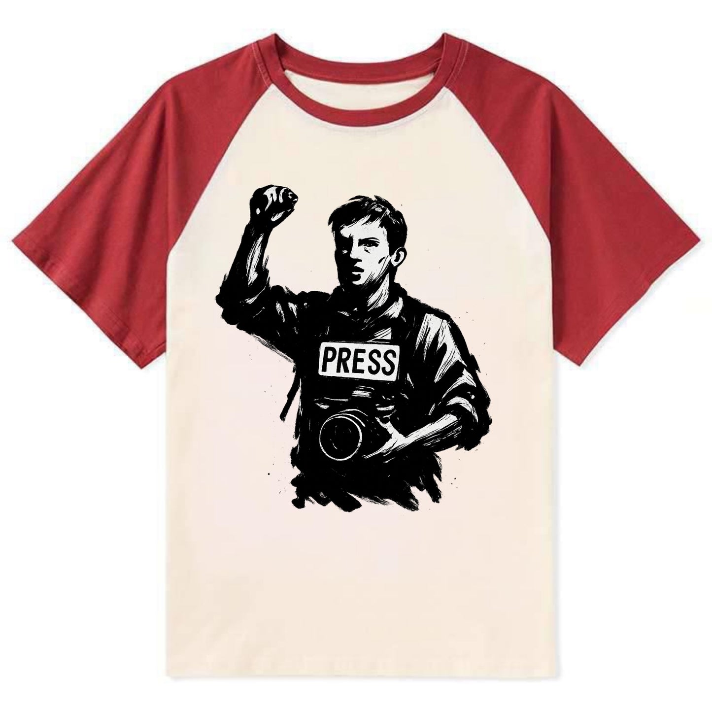 Journalist with camera - press freedom ink painting - Contrast Raglan T-shirt - Red
