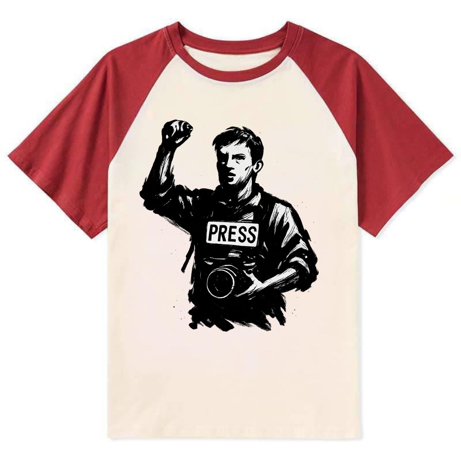 Journalist with camera - press freedom ink painting - Contrast Raglan T-shirt - Red