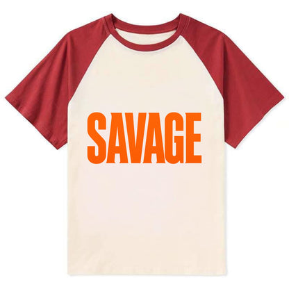 Bold typography design - "SAVAGE" - fierce attitude, taking no prisoners - Contrast Raglan T-shirt - Red
