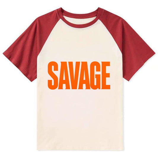 Bold typography design - "SAVAGE" - fierce attitude, taking no prisoners - Contrast Raglan T-shirt - Red