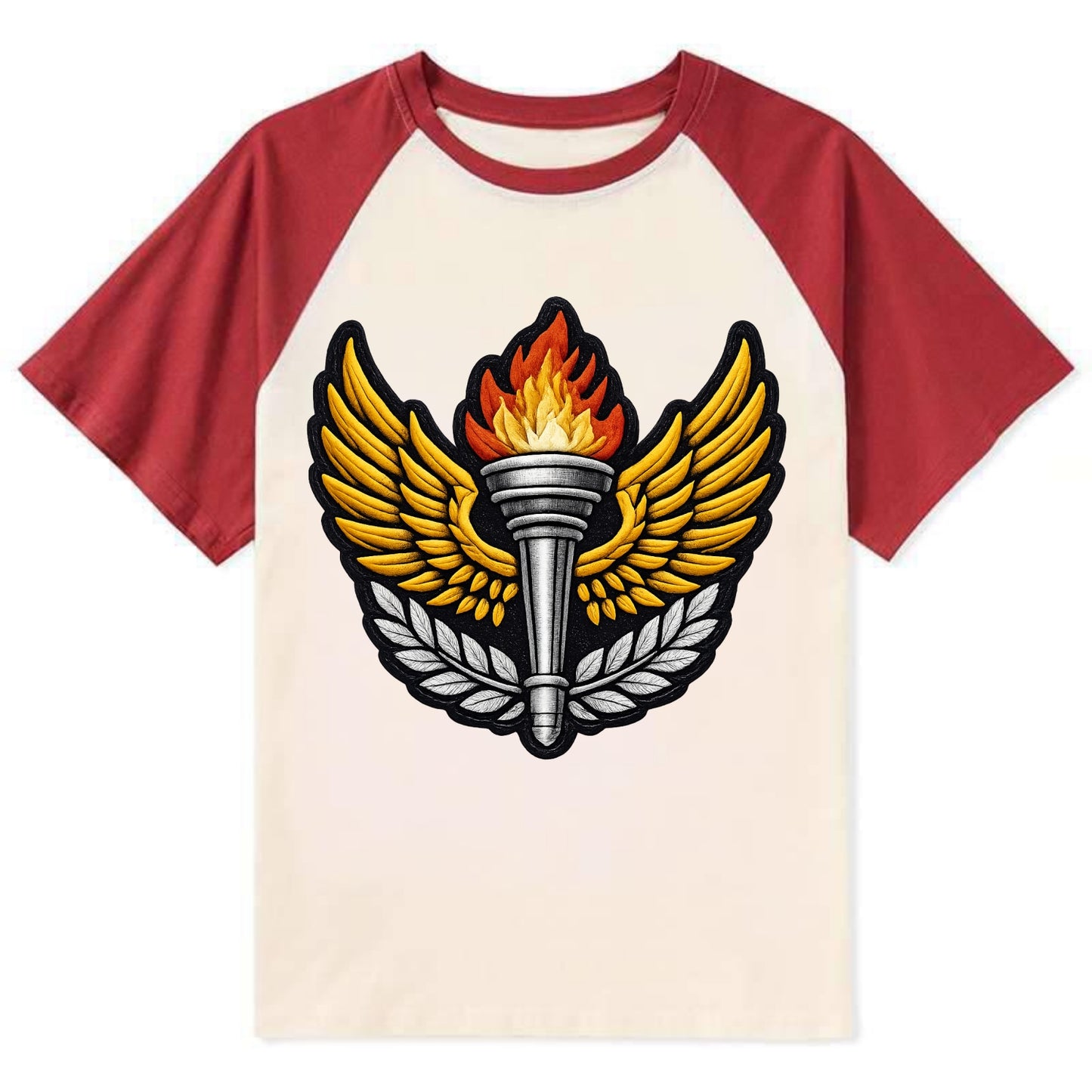 Embroidered patch design - TRACK AND FIELD TORCH - Olympic style torch - Contrast Raglan T-shirt - Red