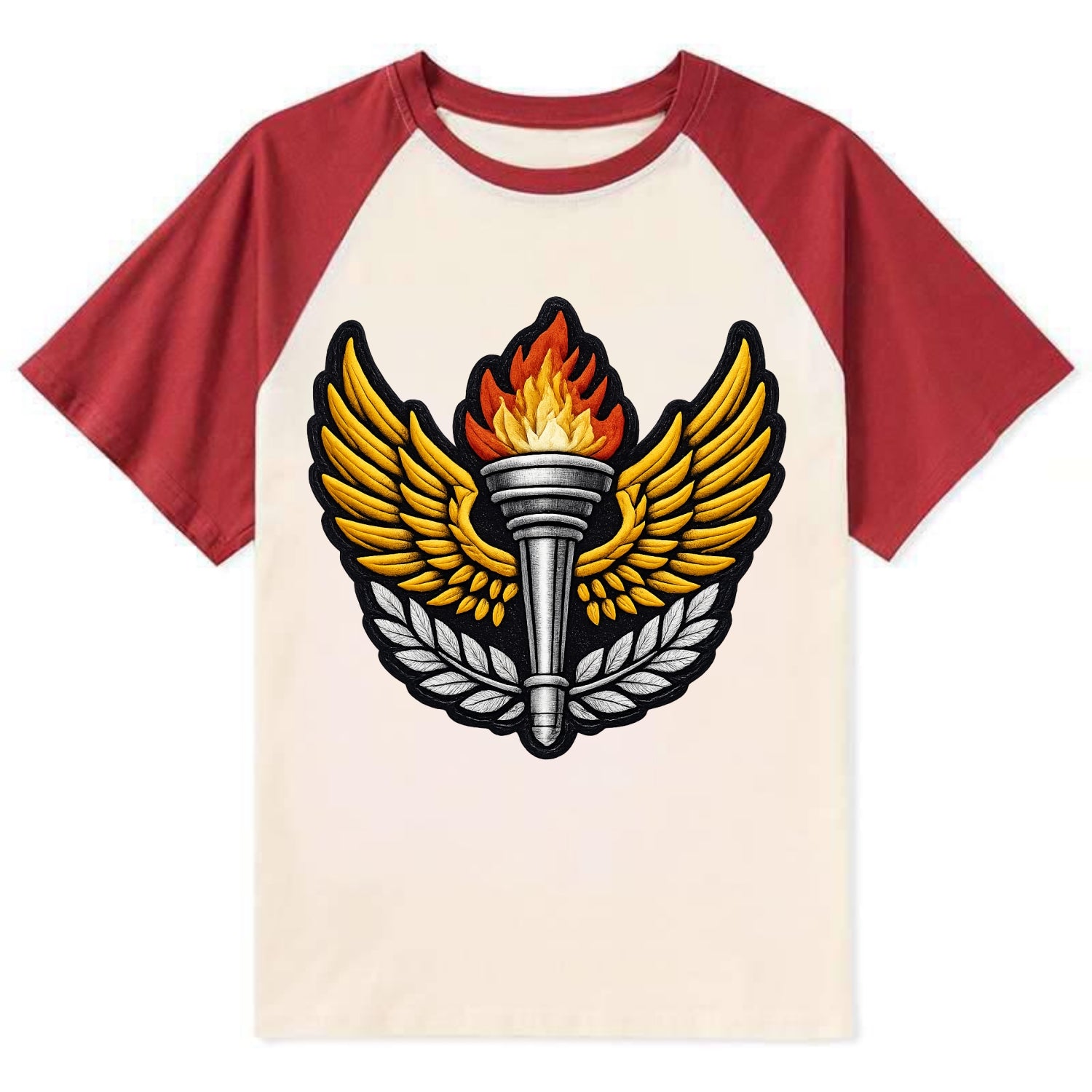 Embroidered patch design - TRACK AND FIELD TORCH - Olympic style torch - Contrast Raglan T-shirt - Red