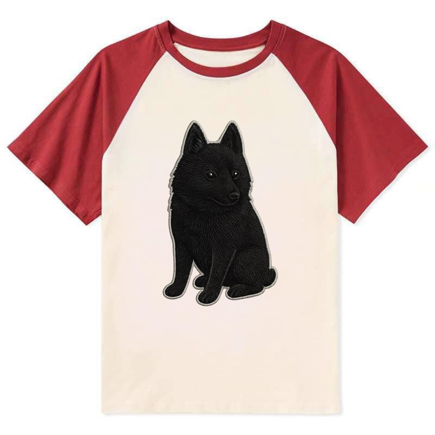 Schipperke - Solid black small embroidered sitting pose - Contrast Raglan T-shirt - Red