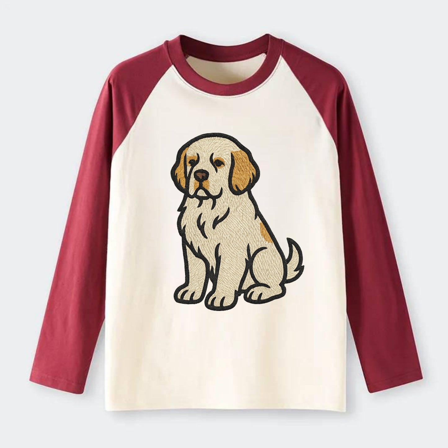 Clumber Spaniel - White with lemon markings embroidered pose - Raglan Long Sleeve T-Shirt - Red