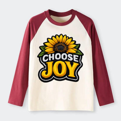 CHOOSE JOY - sunflower with text in yellow , happiness choice - Raglan Long Sleeve T-Shirt - Red