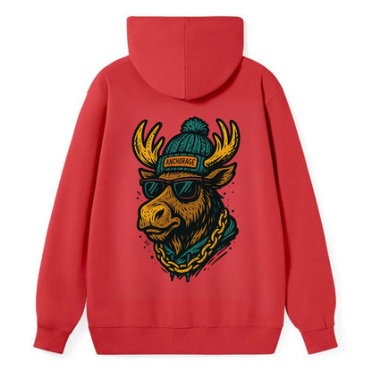 Alaska Moose wearing Anchorage beanie with pom pom and wayfarer sunglasses - Classic Pullover Hoodie - Red