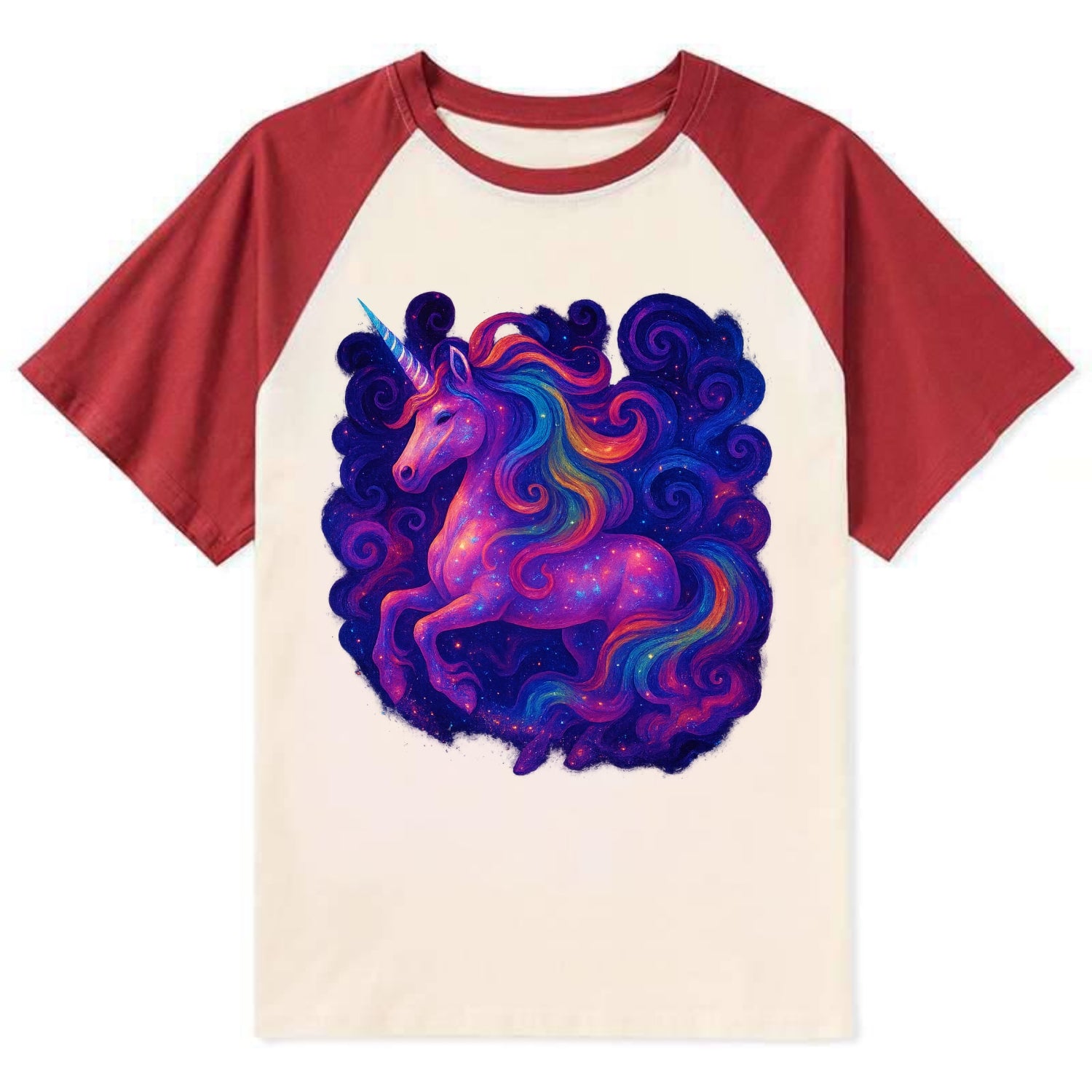 Magical unicorn with flowing rainbow gradient mane, iridescent horn with - Contrast Raglan T-shirt - Red